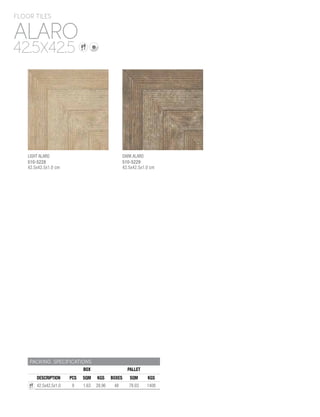 PACKING SPECIFICATIONS
BOX PALLET
DESCRIPTION PCS SQM KGS BOXES SQM KGS
42.5x42.5x1.0 9 1.63 28.96 48 78.03 1408
ALARO
FLOOR TILES
42.5X42.5
LIGHT ALARO
510-5228
42.5x42.5x1.0 cm
DARK ALARO
510-5229
42.5x42.5x1.0 cm
 