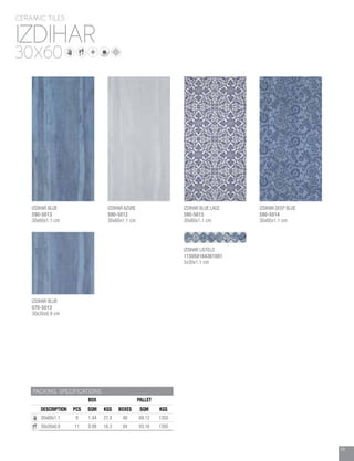 29
IZDIHAR BLUE LACE
590-5015
30x60x1.1 cm
IZDIHAR AZURE
590-5012
30x60x1.1 cm
IZDIHAR
CERAMIC TILES
30X60
PACKING SPECIFICATIONS
BOX PALLET
DESCRIPTION PCS SQM KGS BOXES SQM KGS
30x60x1.1 8 1.44 27.8 48 69.12 1350
30x30x0.9 11 0.99 16.3 84 83.16 1395
IZDIHAR BLUE
070-5013
30x30x0.9 cm
IZDIHAR DEEP BLUE
590-5014
30x60x1.1 cm
IZDIHAR LISTELO
115050164361001
5x30x1.1 cm
IZDIHAR BLUE
590-5013
30x60x1.1 cm
 