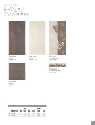 39
PRADO
CERAMIC TILES
30X60
PACKING SPECIFICATIONS
BOX PALLET
DESCRIPTION PCS SQM KGS BOXES SQM KGS
30x60x1.1 8 1.44 27.8 48 69.12 1350
30x30x0.9 11 0.99 16.3 84 83.16 1395
PRADO BROWN
070-3781
30x30x1.1 cm
PRADO LISTELO
115037833300943
7x30x1.1 cm
PRADO CREAM
590-3780
30x60x1.1 cm
PRADO DECOR
115037825900942
30x60x1.1 cm
PRADO BROWN
590-3781
30x60x1.1 cm
 