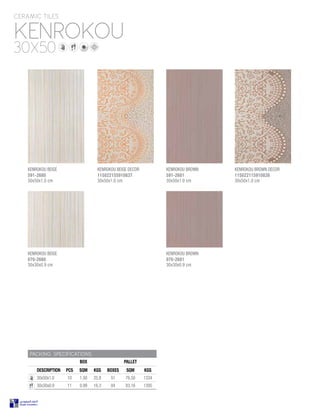 KENROKOU
CERAMIC TILES
30X50
PACKING SPECIFICATIONS
BOX PALLET
DESCRIPTION PCS SQM KGS BOXES SQM KGS
30x50x1.0 10 1.50 25.8 51 76.50 1334
30x30x0.9 11 0.99 16.3 84 83.16 1395
KENROKOU BEIGE DECOR
115022155910837
30x50x1.0 cm
KENROKOU BEIGE
070-2680
30x30x0.9 cm
KENROKOU BEIGE
591-2680
30x50x1.0 cm
KENROKOU BROWN DECOR
115022115910838
30x50x1.0 cm
KENROKOU BROWN
591-2681
30x50x1.0 cm
KENROKOU BROWN
070-2681
30x30x0.9 cm
 