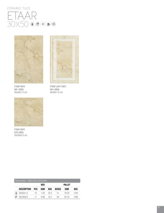 57
ETAAR
30X50
ETAAR
PACKING SPECIFICATIONS
BOX PALLET
DESCRIPTION PCS SQM KGS BOXES SQM KGS
30x50x1.0 10 1.50 25.8 51 76.50 1334
30x30x0.9 11 0.99 16.3 84 83.16 1395
ETAAR LIGHT ONYX
591-3956
30x50x1.0 cm
ETAAR ONYX
070-3955
30x30x0.9 cm
ETAAR ONYX
591-3955
30x50x1.0 cm
CERAMIC TILES
30X50
 