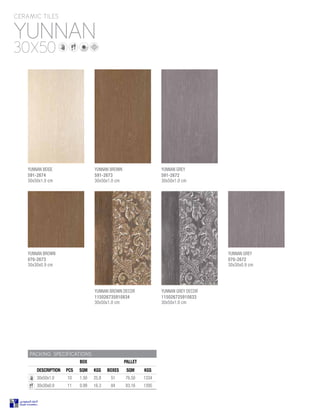YUNNAN
PACKING SPECIFICATIONS
BOX PALLET
DESCRIPTION PCS SQM KGS BOXES SQM KGS
30x50x1.0 10 1.50 25.8 51 76.50 1334
30x30x0.9 11 0.99 16.3 84 83.16 1395
YUNNAN BROWN
591-2673
30x50x1.0 cm
YUNNAN BROWN DECOR
115026735910834
30x50x1.0 cm
YUNNAN GREY
591-2672
30x50x1.0 cm
YUNNAN GREY DECOR
115026725910833
30x50x1.0 cm
YUNNAN BROWN
070-2673
30x30x0.9 cm
YUNNAN GREY
070-2672
30x30x0.9 cm
YUNNAN BEIGE
591-2674
30x50x1.0 cm
CERAMIC TILES
30X50
 