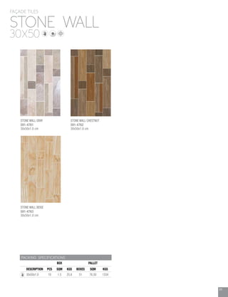 69
STONE WALL
FA ADE TILES
30X50
PACKING SPECIFICATIONS
BOX PALLET
DESCRIPTION PCS SQM KGS BOXES SQM KGS
30x50x1.0 10 1.5 25.8 51 76.50 1334
STONE WALL BEIGE
591-4763
30x50x1.0 cm
STONE WALL CHESTNUT
591-4762
30x50x1.0 cm
STONE WALL GRAY
591-4761
30x50x1.0 cm
 