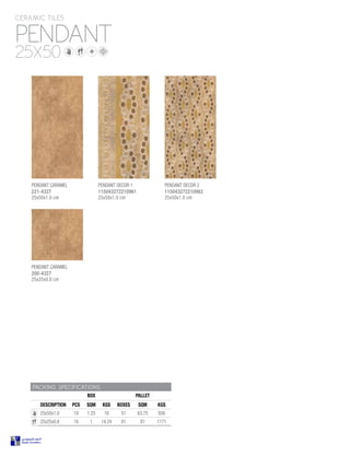 PENDANT
CERAMIC TILES
25X50
PACKING SPECIFICATIONS
BOX PALLET
DESCRIPTION PCS SQM KGS BOXES SQM KGS
25x50x1.0 10 1.25 16 51 63.75 936
25x25x0.8 16 1 14.24 81 81 1171
PENDANT CARAMEL
200-4327
25x25x0.8 cm
PENDANT CARAMEL
221-4327
25x50x1.0 cm
PENDANT DECOR 1
115043272210961
25x50x1.0 cm
PENDANT DECOR 2
115043272210962
25x50x1.0 cm
 