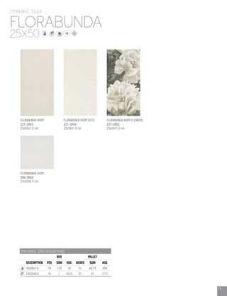 79
FLORABUNDA
CERAMIC TILES
25X50
PACKING SPECIFICATIONS
BOX PALLET
DESCRIPTION PCS SQM KGS BOXES SQM KGS
25x50x1.0 10 1.25 16 51 63.75 936
25x25x0.8 16 1 14.24 81 81 1171
FLORABUNDA IVORY
200-3953
25x25x0.8 cm
FLORABUNDA IVORY
221-3953
25x50x1.0 cm
FLORABUNDA IVORY DOTS
221-3954
25x50x1.0 cm
FLORABUNDA IVORY FLOWERS
221-3952
25x50x1.0 cm
 
