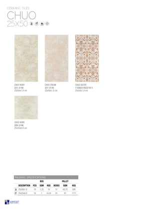 CHUO
CERAMIC TILES
25X50
PACKING SPECIFICATIONS
BOX PALLET
DESCRIPTION PCS SQM KGS BOXES SQM KGS
25x50x1.0 10 1.25 16 51 63.75 936
25x25x0.8 16 1 14.24 81 81 1171
CHUO IVORY
200-3146
25x25x0.8 cm
CHUO IVORY
221-3146
25x50x1.0 cm
CHUO CREAM
221-3145
25x50x1.0 cm
CHUO DECOR
115003145221911
25x50x1.0 cm
 