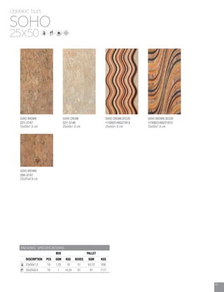81
SOHO
CERAMIC TILES
25X50
PACKING SPECIFICATIONS
BOX PALLET
DESCRIPTION PCS SQM KGS BOXES SQM KGS
25x50x1.0 10 1.25 16 51 63.75 936
25x25x0.8 16 1 14.24 81 81 1171
SOHO BROWN
200-3147
25x25x0.8 cm
SOHO BROWN
221-3147
25x50x1.0 cm
SOHO CREAM
221-3148
25x50x1.0 cm
SOHO CREAM DECOR
115003148221913
25x50x1.0 cm
SOHO BROWN DECOR
115003148221912
25x50x1.0 cm
 