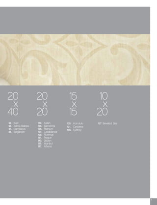 7
20
x
40
93. Karif
95. Zahra Alrabiea
97. Damascus
99. Singapore
102. Asilah
103. Barcelona
105. Platinum
107. Casablanca
109. Florence
111. Prague
113. Lisbon
115. Istanbul
117. Athens
120. Honolulu
121. Canberra
123. Sydney
20
x
20
15
x
15
10
x
20
127. Beveled tiles
 