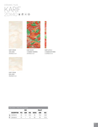 93
KARIF
CERAMIC TILES
20X40
PACKING SPECIFICATIONS
BOX PALLET
DESCRIPTION PCS SQM KGS BOXES SQM KGS
20x40x0.9 20 1.6 24.8 48 76.8 1208
20x20x0.8 25 1 15 80 80 1218
KARIF CREAM
180-4329
20x40x0.9 cm
KARIF CREAM
030-4329
20x20x0.8 cm
KARIF DECOR
115000011800965
20x40x0.9 cm
KARIF LISTELO
115000010410966
2.5x40x0.9 cm
 