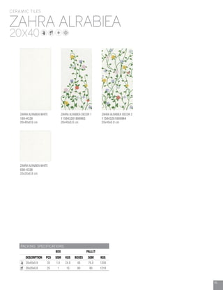 95
ZAHRA ALRABIEA
CERAMIC TILES
20X40
PACKING SPECIFICATIONS
BOX PALLET
DESCRIPTION PCS SQM KGS BOXES SQM KGS
20x40x0.9 20 1.6 24.8 48 76.8 1208
20x20x0.8 25 1 15 80 80 1218
ZAHRA ALRABIEA WHITE
180-4328
20x40x0.9 cm
ZAHRA ALRABIEA WHITE
030-4328
20x20x0.8 cm
ZAHRA ALRABIEA DECOR 1
115043281800963
20x40x0.9 cm
ZAHRA ALRABIEA DECOR 2
115043281800964
20x40x0.9 cm
 