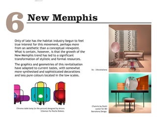 Only of late has the habitat industry begun to feel
true interest for this movement, perhaps more
from an aesthetic than a conceptual viewpoint.
What is certain, however, is that the growth of the
New Memphis trend has led to a significant
transformation of stylistic and formal resources.
The graphics and geometries of this revitalisation
have adapted to current tastes, with somewhat
more synthesised and sophisticated decorations
and less pure colours located in the low scales.
Xo - 14oraitaliana
Chroma table lamp (in the picture) designed by Arturo
Erbsman for Roche Bobois.
Chanclo by Doshi
Levien for BD
Barcelona Design.
camila@incefra.com.br 02 Jul 2017
 