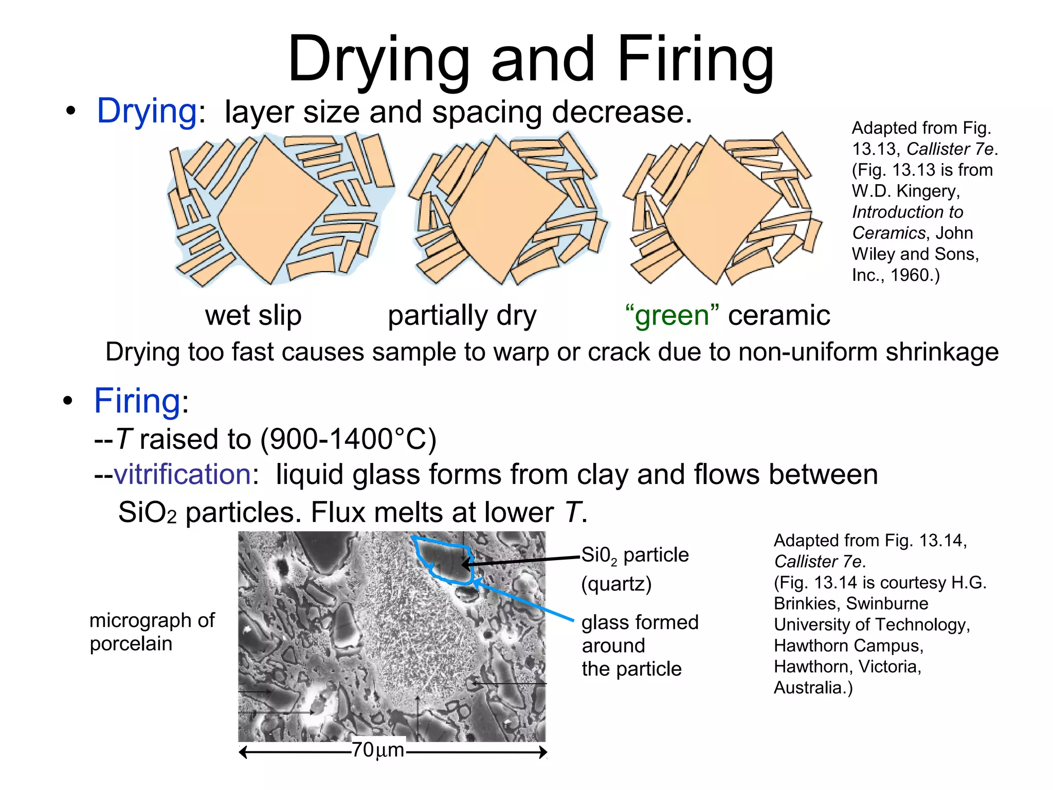 • Drying: layer size and spacing decrease. Adapted from Fig.
13.13, Callister 7e.
(Fig. 13.13 is from
W.D. Kingery,
Introduction to
Ceramics, John
Wiley and Sons,
Inc., 1960.)
Drying and Firing
Drying too fast causes sample to warp or crack due to non-uniform shrinkage
wet slip partially dry “green” ceramic
• Firing:
--T raised to (900-1400°C)
--vitrification: liquid glass forms from clay and flows between
SiO2 particles. Flux melts at lower T.
Adapted from Fig. 13.14,
Callister 7e.
(Fig. 13.14 is courtesy H.G.
Brinkies, Swinburne
University of Technology,
Hawthorn Campus,
Hawthorn, Victoria,
Australia.)
Si02 particle
(quartz)
glass formed
around
the particle
micrograph of
porcelain
70µm
 