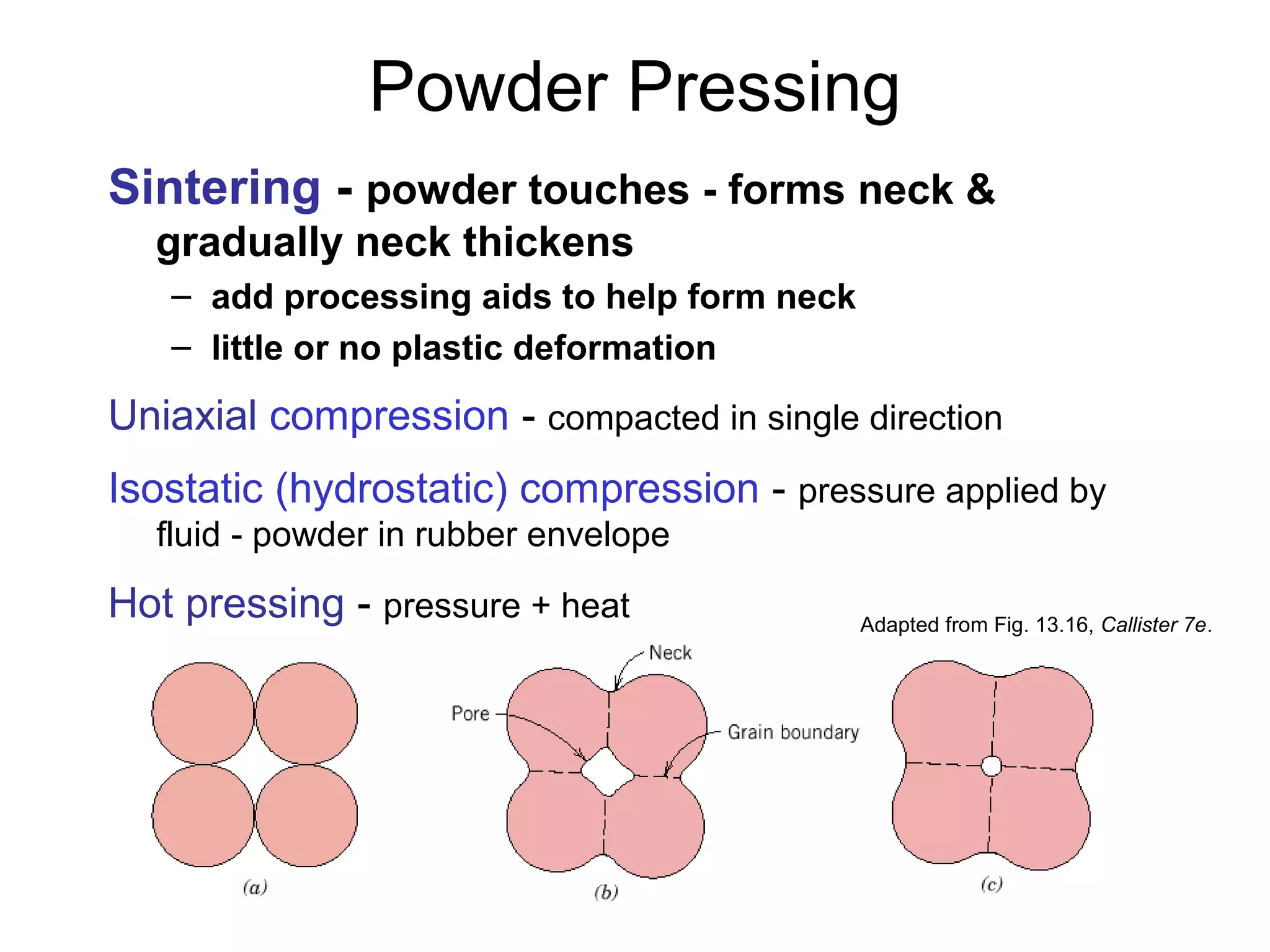 Powder Pressing
Sintering - powder touches - forms neck &
gradually neck thickens
– add processing aids to help form neck
– little or no plastic deformation
Adapted from Fig. 13.16, Callister 7e.
Uniaxial compression - compacted in single direction
Isostatic (hydrostatic) compression - pressure applied by
fluid - powder in rubber envelope
Hot pressing - pressure + heat
 