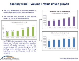 Sanitary ware – Volume + Value driven growth
• The 19% CAGR growth in Sanitary ware sales is
  driven by a combination of volume and value.

• The company has recorded a sales volume
  growth of 12% on an annualized basis.




• For FY 2009, there was a dip in Raw material and
  Power and Fuel cost (refer previous page) on
  account of global recession, however the
  company could still increase the prices of it’s
  Sanitary ware pointing towards the strong
  branding power and business moat for the
  company.


                                                     www.katalystwealth.com
 