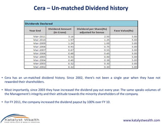 Cera – Un-matched Dividend history




• Cera has an un-matched dividend history. Since 2002, there’s not been a single year when they have not
  rewarded their shareholders.

• Most importantly, since 2003 they have increased the dividend pay out every year. The same speaks volumes of
  the Management’s integrity and their attitude towards the minority shareholders of the company.

• For FY 2011, the company increased the dividend payout by 100% over FY 10.




                                                                                    www.katalystwealth.com
 