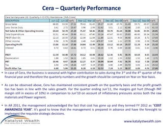 Cera – Quarterly Performance




• In case of Cera, the business is seasonal with higher contribution to sales during the 3rd and the 4th quarter of the
  financial year and therefore the quarterly numbers and the growth should be compared on Year on Year basis.

• As can be observed above, Cera has maintained consistent growth on the quarterly basis and the profit growth
  too has been in line with the sales growth. For the quarter ending Jun’11, the margins got hurt (though PAT
  margin still in excess of 10%) in comparison to Jun’10 on account of inflationary pressures across both the raw
  materials and Power segment.

• In AR 2011, the management acknowledged the fact that cost has gone up and they termed FY 2012 as “COST
  AWARENESS YEAR”. It’s good to know that the management is prepared in advance and have the foresight to
  implement the requisite strategic decisions.

                                                                                           www.katalystwealth.com
 