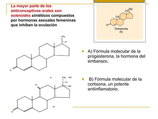 A) Fórmula molecular de la progesterona, la hormona del embarazo. B) Fórmula molecular de la cortisona, un potente antiinflamatorio. La mayor parte de los  anticonceptivos orales son  esteroides  sintéticos  compuestos  por hormonas sexuales femeninas  que inhiben la ovulación 