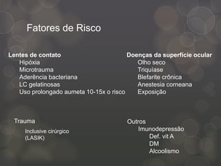 Fatores de Risco
Trauma
Inclusive cirúrgico
(LASIK)
Lentes de contato
Hipóxia
Microtrauma
Aderência bacteriana
LC gelatinosas
Uso prolongado aumeta 10-15x o risco
Doenças da superfície ocular
Olho seco
Triquíase
Blefarite crônica
Anestesia corneana
Exposição
Outros
Imunodepressão
Def. vit A
DM
Alcoolismo
 