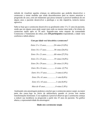 método de visualizar aquelas crianças ou adolescentes que poderão desenvolver o
ceratocone e tomar medidas que ainda desconhecemos para ao menos amenizar a
progressão do caso, com um tratamento que possa restaurar a possível tendência de em
alguns anos o paciente desenvolver a patologia e se não impedi-la, torná-la menos
agressiva.

Sabe-se hoje que o ceratocone desenvolve-se geralmente entre 15 e 21 anos do paciente,
sendo que em alguns casos pode surgir mais cedo ou mesmo mais tarde e há relatos de
ceratocone tardio após os 30 anos. Segundo uma outra enquete da comunidade
Ceratocone e Tratamentos do orkut, com 218 participantes respondendo, a idade varia
conforme a tabela abaixo:

                    Com que idade você descobriu o ceratocone?

                    Entre 11 e 13 anos................24 votos (11,0%)

                    Entre 14 e 17 anos................58 votes (26,6%)

                    Entre 18 e 21 anos................60 votos (27,5%)

                    Entre 22 e 25 anos................35 votos (16,0%)

                    Entre 26 e 29 anos................26 votos (11,9%)

                    Entre 30 e 33 anos..................6 votos (2,7%)

                     Entre 34 e 37 anos..................3 votos (1,4%)

                     Entre 38 e 41 anos..................1 voto (0,4%)

                     Entre 42 e 45 anos..................1 voto (0,4%)

                     Mais de 45 anos.....................4 votos (1,8%)

Analisando esta amostragem podemos concluir que o ceratocone parece surgir, na maior
parte dos casos, logo no início da adolescência quando os jovens tem muitas
transformações hormonais. E na seqüência é possível observar que o ceratocone começa
a reduzir sua incidência ou progressão a partir dos 25 anos do paciente. No gráfico
abaixo, a representatividade da amostragem:

                            Idade em o ceratocone surgiu
 