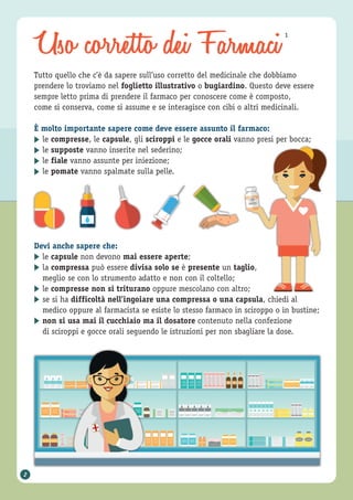 Uso corretto dei Farmaci1
▶
▶
▶
▶
Tutto quello che c’è da sapere sull’uso corretto del medicinale che dobbiamo
prendere lo troviamo nel foglietto illustrativo o bugiardino. Questo deve essere
sempre letto prima di prendere il farmaco per conoscere come è composto,
come si conserva, come si assume e se interagisce con cibi o altri medicinali.
È molto importante sapere come deve essere assunto il farmaco:
le compresse, le capsule, gli sciroppi e le gocce orali vanno presi per bocca;
le supposte vanno inserite nel sederino;
le fiale vanno assunte per iniezione;
le pomate vanno spalmate sulla pelle.
Devi anche sapere che:
le capsule non devono mai essere aperte;
la compressa può essere divisa solo se è presente un taglio,
meglio se con lo strumento adatto e non con il coltello;
le compresse non si triturano oppure mescolano con altro;
se si ha difficoltà nell’ingoiare una compressa o una capsula, chiedi al
medico oppure al farmacista se esiste lo stesso farmaco in sciroppo o in bustine;
non si usa mai il cucchiaio ma il dosatore contenuto nella confezione
di sciroppi e gocce orali seguendo le istruzioni per non sbagliare la dose.
▶
▶
▶
▶
▶
2
 
