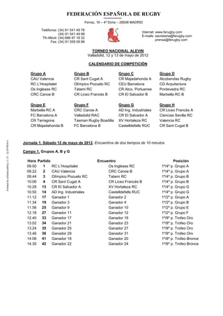 FEDERACIÓN ESPAÑOLA DE RUGBY
                                                                                              Ferraz, 16 – 4º Dcha – 28008 MADRID

                                                                  Teléfonos: (34) 91 541 49 78
                                                                                                                                 Internet: www.ferugby.com
                                                                              (34) 91 541 49 88
                                                                                                                                 E-mails: secretaria@ferugby.com
                                                                   Tfn.Móvil: (34) 686 97 18 32
                                                                                                                                           prensa@ferugby.com
                                                                        Fax: (34) 91 559 09 86

                                                                                                    TORNEO NACIONAL ALEVIN
                                                                                                  Valladolid, 12 y 13 de mayo de 2012

                                                                                                  CALENDARIO DE COMPETICIÓN

                                                            Grupo A                    Grupo B                     Grupo C                 Grupo D
                                                            CAU Valencia               CR Sant Cugat A             CR Majadahonda A        Alcobendas Rugby
                                                            RC L’Hospitalet            Olímpico Pozuelo RC         CEU Barcelona           CD Arquitectura
                                                            Os Ingleses RC             Tatami RC                   CR Atco. Portuense      Pontevedra RC
                                                            CRC Canoe B                CR Liceo Francés B          CR El Salvador B        Marbella RC B

                                                            Grupo E                    Grupo F                     Grupo G                 Grupo H
                                                            Marbella RC A              CRC Canoe A                 AD Ing. Industriales    CR Liceo Francés A
                                                            FC Barcelona A             Valladolid RAC              CR El Salvador A        Ciencias Sevilla RC
                                                            CR Tarragona               Tasman Rugby Boadilla       XV Hortaleza RC         Valencia RC
                                                            CR Majadahonda B           FC Barcelona B              Castelldefells RUC      CR Sant Cugat B
     Entidad de utilidad pública. C.I.F.: Q-2878036-I
Entidad de utilidad pública. C.I.F.: Q-2878036-I




                                                        Jornada 1. Sábado 12 de mayo de 2012. Encuentros de dos tiempos de 10 minutos

                                                        Campo 1. Grupos A, B y G

                                                          Hora Partido                                 Encuentro                                    Posición
                                                          09.00   1    RC L’Hospitalet                      Os Ingleses RC                   1º/4º p. Grupo A
                                                          09.22   2    CAU Valencia                         CRC Canoe B                      1º/4º p. Grupo A
                                                          09.44   3    Olímpico Pozuelo RC                  Tatami RC                        1º/4º p. Grupo B
                                                          10.06   4    CR Sant Cugat A                      CR Liceo Francés B               1º/4º p. Grupo B
                                                          10.28 13     CR El Salvador A                     XV Hortaleza RC                  1º/4º p. Grupo G
                                                          10.50 14     AD Ing. Industriales                 Castelldefells RUC               1º/4º p. Grupo G
                                                          11.12 17     Ganador 1                            Ganador 2                        1º/2º p. Grupo A
                                                          11.34 19     Ganador 3                            Ganador 4                        1º/2º p. Grupo B
                                                          11.56 25     Ganador 9                            Ganador 10                       1º/2º p. Grupo E
                                                          12.18 27     Ganador 11                           Ganador 12                       1º/2º p. Grupo F
                                                          12.40  33    Ganador 17                           Ganador 19                       1º/8º p. Trofeo Oro
                                                          13.02 34     Ganador 21                           Ganador 23                       1º/8º p. Trofeo Oro
                                                          13.24 35     Ganador 25                           Ganador 27                       1º/8º p. Trofeo Oro
                                                          13.46 36     Ganador 29                           Ganador 31                       1º/8º p. Trofeo Oro
                                                          14.08 41     Ganador 18                           Ganador 20                       1º/8º p. Trofeo Bronce
                                                          14.30 42     Ganador 22                           Ganador 24                       1º/8º p. Trofeo Bronce
 