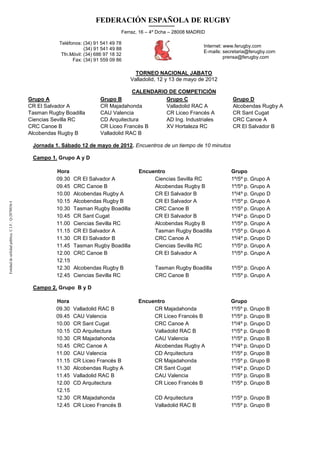 FEDERACIÓN ESPAÑOLA DE RUGBY
                                                                                               Ferraz, 16 – 4º Dcha – 28008 MADRID

                                                                   Teléfonos: (34) 91 541 49 78
                                                                                                                                 Internet: www.ferugby.com
                                                                               (34) 91 541 49 88
                                                                                                                                 E-mails: secretaria@ferugby.com
                                                                    Tfn.Móvil: (34) 686 97 18 32
                                                                                                                                           prensa@ferugby.com
                                                                         Fax: (34) 91 559 09 86

                                                                                                     TORNEO NACIONAL JABATO
                                                                                                   Valladolid, 12 y 13 de mayo de 2012

                                                                                                   CALENDARIO DE COMPETICIÓN
                                                        Grupo A                       Grupo B                Grupo C                         Grupo D
                                                        CR El Salvador A              CR Majadahonda         Valladolid RAC A                Alcobendas Rugby A
                                                        Tasman Rugby Boadilla         CAU Valencia           CR Liceo Francés A              CR Sant Cugat
                                                        Ciencias Sevilla RC           CD Arquitectura        AD Ing. Industriales            CRC Canoe A
                                                        CRC Canoe B                   CR Liceo Francés B     XV Hortaleza RC                 CR El Salvador B
                                                        Alcobendas Rugby B            Valladolid RAC B

                                                         Jornada 1. Sábado 12 de mayo de 2012. Encuentros de un tiempo de 10 minutos

                                                         Campo 1. Grupo A y D

                                                                  Hora                                Encuentro                             Grupo
                                                                  09.30   CR El Salvador A                 Ciencias Sevilla RC              1º/5º p. Grupo A
                                                                  09.45   CRC Canoe B                      Alcobendas Rugby B               1º/5º p. Grupo A
                                                                  10.00   Alcobendas Rugby A               CR El Salvador B                 1º/4º p. Grupo D
     Entidad de utilidad pública. C.I.F.: Q-2878036-I




                                                                  10.15   Alcobendas Rugby B               CR El Salvador A                 1º/5º p. Grupo A
Entidad de utilidad pública. C.I.F.: Q-2878036-I




                                                                  10.30   Tasman Rugby Boadilla            CRC Canoe B                      1º/5º p. Grupo A
                                                                  10.45   CR Sant Cugat                    CR El Salvador B                 1º/4º p. Grupo D
                                                                  11.00   Ciencias Sevilla RC              Alcobendas Rugby B               1º/5º p. Grupo A
                                                                  11.15   CR El Salvador A                 Tasman Rugby Boadilla            1º/5º p. Grupo A
                                                                  11.30   CR El Salvador B                 CRC Canoe A                      1º/4º p. Grupo D
                                                                  11.45   Tasman Rugby Boadilla            Ciencias Sevilla RC              1º/5º p. Grupo A
                                                                  12.00   CRC Canoe B                      CR El Salvador A                 1º/5º p. Grupo A
                                                                  12.15
                                                                  12.30   Alcobendas Rugby B                 Tasman Rugby Boadilla          1º/5º p. Grupo A
                                                                  12.45   Ciencias Sevilla RC                CRC Canoe B                    1º/5º p. Grupo A

                                                         Campo 2. Grupo B y D

                                                                  Hora                                Encuentro                             Grupo
                                                                  09.30   Valladolid RAC B                 CR Majadahonda                   1º/5º p. Grupo B
                                                                  09.45   CAU Valencia                     CR Liceo Francés B               1º/5º p. Grupo B
                                                                  10.00   CR Sant Cugat                    CRC Canoe A                      1º/4º p. Grupo D
                                                                  10.15   CD Arquitectura                  Valladolid RAC B                 1º/5º p. Grupo B
                                                                  10.30   CR Majadahonda                   CAU Valencia                     1º/5º p. Grupo B
                                                                  10.45   CRC Canoe A                      Alcobendas Rugby A               1º/4º p. Grupo D
                                                                  11.00   CAU Valencia                     CD Arquitectura                  1º/5º p. Grupo B
                                                                  11.15   CR Liceo Francés B               CR Majadahonda                   1º/5º p. Grupo B
                                                                  11.30   Alcobendas Rugby A               CR Sant Cugat                    1º/4º p. Grupo D
                                                                  11.45   Valladolid RAC B                 CAU Valencia                     1º/5º p. Grupo B
                                                                  12.00   CD Arquitectura                  CR Liceo Francés B               1º/5º p. Grupo B
                                                                  12.15
                                                                  12.30   CR Majadahonda                     CD Arquitectura                1º/5º p. Grupo B
                                                                  12.45   CR Liceo Francés B                 Valladolid RAC B               1º/5º p. Grupo B
 