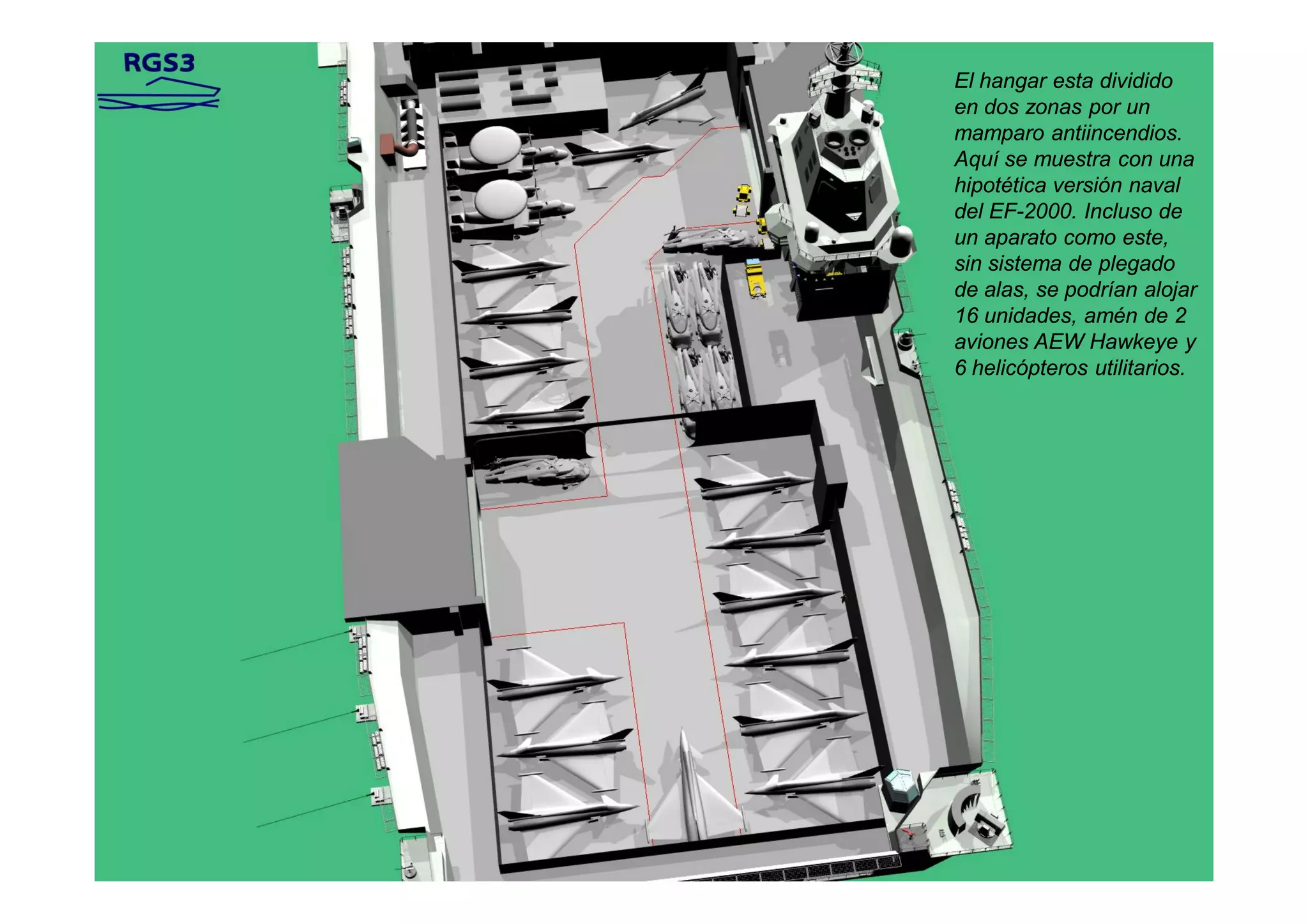 El hangar esta dividido
en dos zonas por un
mamparo antiincendios.
Aquí se muestra con una
hipotética versión naval
del EF-2000. Incluso de
un aparato como este,
sin sistema de plegado
de alas, se podrían alojar
16 unidades, amén de 2
aviones AEW Hawkeye y
6 helicópteros utilitarios.
 