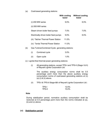 (a)    Coal-based generating stations:

                                                 With cooling     Without cooling
                                                    tower            tower

              (i) 200 MW series                        9.0%                 8.5%

              (ii) 500 MW series

              Steam driven boiler feed pumps           7.5%                 7.0%

              Electrically driven boiler feed pumps    9.0%                 8.5%

              (iii) Talcher Thermal Power Station     11.0%

              (iv) Tanda Thermal Power Station         11.0%

       (b)    Gas Turbine/Combined Cycle generating stations:

              (i)    Combined cycle                    3.0%

              (ii)   Open cycle                        1.0%

       (c) Lignite-fired thermal power generating stations:

              (i)    All generating stations, except TPS-I and TPS-II (Stage I & II)
                     of Neyveli Lignite Corporation Ltd:

                     The auxiliary energy consumption norms shall be 0.5
                     percentage point more than the above auxiliary energy
                     consumption norms of coal-based generating stations at (v)
                     (a) (i) & (ii) above.

              (ii)   TPS-I & TPS-II Stage-I&II of Neyveli Lignite Corporation Ltd.:

                           TPS-I                       12.0%
                           TPS-II                      10.0%

       Note

        During stabilization period, normative auxiliary consumption shall be
        reckoned at 0.5 percentage point more than the norms indicated at (a),
        (b) and (c) above.



(vi)   Stabilization period
 