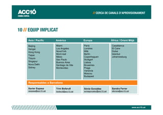 Àsia / Pacífic      Amèrica               Europa                    Àfrica / Orient Mitjà

Beijing             Miami                 París                     Casablanca
Xangai              Los Angeles           Londres                   El Caire
Hong Kong           NovaYork              Milà                      Dubai
                    Mont-real             Berlín                    Istanbul
Taipei
                    Mèxic                 Copenhaguen               Johannesburg
Tòquio
                    Sao Paulo             Stuttgart
Singapur            Buenos Aires          Lisboa
Nova Delhi          Santiago de Xile      Brusel-les
Sidney              Montevideo            Praga
                                          Varsòvia
                                          Moscou
                                          Budapest

Responsables a Barcelona

Xavier Espasa       Trini Bofarull        Sònia Gonzàlez            Sandra Ferrer
xespasa@acc10.cat   tbofarull@acc10.cat   soniagonzalez@acc10.cat   sferrera@acc10.cat




                                                                                         www.acc10.cat
 