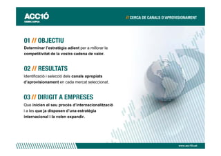Determinar l’estratègia adient per a millorar la
competitivitat de la vostra cadena de valor.




Identificació i selecció dels canals apropiats
d’aprovisionament en cada mercat seleccionat.




Que inicien el seu procés d’internacionalització
i a les que ja disposen d’una estratègia
internacional i la volen expandir.




                                                   www.acc10.cat
 