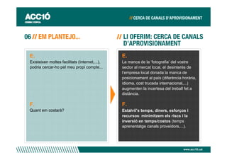 E.                                             E.
Existeixen moltes facilitats (Internet,...),   La manca de la ‘fotografia’ del vostre
podria cercar-ho pel meu propi compte...       sector al mercat local, el desinterès de
                                               l’empresa local donada la manca de
                                               posicionament al país (diferència horària,
                                               idioma, cost trucada internacional,...)
                                               augmenten la incertesa del treball fet a
                                               distància.

F.                                             F.
Quant em costarà?                              Estalviï’s temps, diners, esforços i
                                               recursos: minimitzem els riscs i la
                                               inversió en temps/costos (temps
                                               aprenentatge canals proveïdors,...).




                                                                                 www.acc10.cat
 