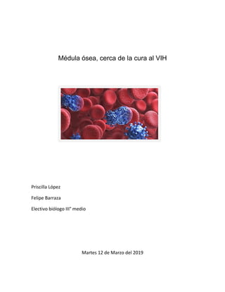 Médula ósea, cerca de la cura al VIH
Priscilla López
Felipe Barraza
Electivo biólogo III° medio
Martes 12 de Marzo del 2019
 
