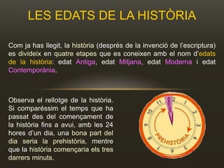 LES EDATS DE LA HISTÒRIA
Com ja has llegit, la història (després de la invenció de l’escriptura)
es divideix en quatre etapes que es coneixen amb el nom d’edats
de la història: edat Antiga, edat Mitjana, edat Moderna i edat
Contemporània.
Observa el rellotge de la història.
Si comparéssim el temps que ha
passat des del començament de
la història fins a avui, amb les 24
hores d’un dia, una bona part del
dia seria la prehistòria, mentre
que la història començaria els tres
darrers minuts.
 
