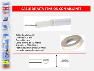 CABLE DE ALTA TENSION CON AISLANTE
Cable de alta tensión
Diámetro: 4.5 mm
Con doble capa
Cable flexible de 10 Hebras
Aislación: > 8000 Voltios
Fabricado para Cercas Eléctricas
con aislación de alta densidad
 