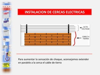 Para aumentar la sensación de choque, aconsejamos extender
en paralelo a la cerca el cable de tierra
INSTALACION DE CERCAS ELECTRICAS
 
