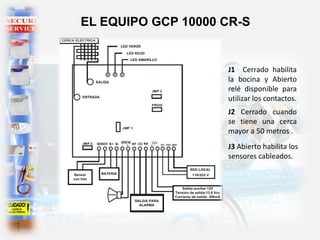 EL EQUIPO GCP 10000 CR-S
J1 Cerrado habilita
la bocina y Abierto
relé disponible para
utilizar los contactos.
J2 Cerrado cuando
se tiene una cerca
mayor a 50 metros .
J3 Abierto habilita los
sensores cableados.
 