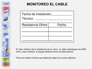 El valor máximo de la resistencia de la cerca no debe sobrepasar los 6500
ohms, caso contrario el equipo detecta como una falsa alarma.
MONITOREO EL CABLE
Ficha con datos mínimos que debemos dejar en la cerca eléctrica.
 