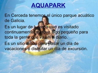 AQUAPARK En Cerceda tenemos el único parque acuático de Galicia.  Es un lugar de turismo que es visitado continuamente, aunque algo pequeño para toda la gente que va allí a diario. Es un sitio idílico para pasar un día de vacaciones o disfrutar un día de excursión. 