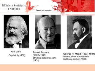 Karl Marx George H. Mead (1863–1931) Mintea, sinele si societatea (publicata postum, 1934) Talcott Parsons  (1902–1979) Structura actiunii sociale (1951) Capitalul (1867) 