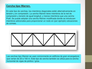 Cercha tipo Warren.
En este tipo de cerchas, los miembros diagonales están alternativamente en
tensión y en compresión. La cercha Warren tiene miembros de la red de
compresión y tensión de igual longitud, y menos miembros que una cercha
Pratt. Se puede adoptar una cercha Warren modificada donde se introducen
miembros adicionales para proporcionar un nodo en (por ejemplo) ubicaciones
de correas.
Las cerchas tipo Warren se usan comúnmente en edificios de gran envergadura
que varían de 20 a 100 m. Este tipo de cercha también se utiliza para la cercha
horizontal de vigas de pórtico / grúa.
 