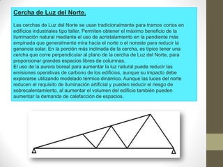Cercha de Luz del Norte.
Las cerchas de Luz del Norte se usan tradicionalmente para tramos cortos en
edificios industriales tipo taller. Permiten obtener el máximo beneficio de la
iluminación natural mediante el uso de acristalamiento en la pendiente más
empinada que generalmente mira hacia el norte o el noreste para reducir la
ganancia solar. En la porción más inclinada de la cercha, es típico tener una
cercha que corre perpendicular al plano de la cercha de Luz del Norte, para
proporcionar grandes espacios libres de columnas.
El uso de la aurora boreal para aumentar la luz natural puede reducir las
emisiones operativas de carbono de los edificios, aunque su impacto debe
explorarse utilizando modelado térmico dinámico. Aunque las luces del norte
reducen el requisito de iluminación artificial y pueden reducir el riesgo de
sobrecalentamiento, al aumentar el volumen del edificio también pueden
aumentar la demanda de calefacción de espacios.
 