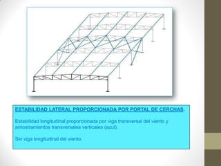 ESTABILIDAD LATERAL PROPORCIONADA POR PORTAL DE CERCHAS.
Estabilidad longitudinal proporcionada por viga transversal del viento y
arriostramientos transversales verticales (azul).
Sin viga longitudinal del viento.
 
