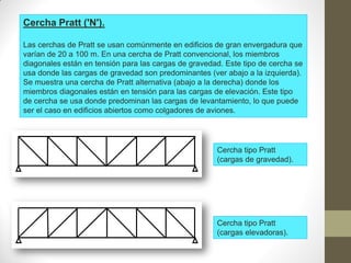 Cercha Pratt ('N').
Las cerchas de Pratt se usan comúnmente en edificios de gran envergadura que
varían de 20 a 100 m. En una cercha de Pratt convencional, los miembros
diagonales están en tensión para las cargas de gravedad. Este tipo de cercha se
usa donde las cargas de gravedad son predominantes (ver abajo a la izquierda).
Se muestra una cercha de Pratt alternativa (abajo a la derecha) donde los
miembros diagonales están en tensión para las cargas de elevación. Este tipo
de cercha se usa donde predominan las cargas de levantamiento, lo que puede
ser el caso en edificios abiertos como colgadores de aviones.
Cercha tipo Pratt
(cargas de gravedad).
Cercha tipo Pratt
(cargas elevadoras).
 