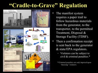 “Cradle-to-Grave” Regulation
• The manifest system
requires a paper trail to
follow hazardous materials
from the generator, to the
transporter, to the permitted
Treatment, Disposal &
Storage Facility (TDSF).
• Then a confirmation receipt
is sent back to the generator
& state/EPA regulators.
– Violators can be subject to
civil & criminal penalties.*
* Criminal penalties are only imposed upon
“knowing” violators.
 