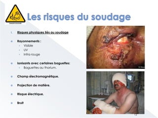 1. Risques physiques liés au soudage
 Rayonnements :
› Visible
› UV
› Infra rouge
 Ionisants avec certaines baguettes:
› Baguettes au thorium.
 Champ électromagnétique.
 Projection de matière.
 Risque électrique.
 Bruit
12
 
