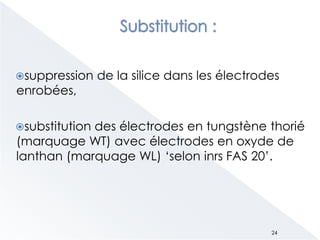 suppression de la silice dans les électrodes
enrobées,
substitution des électrodes en tungstène thorié
(marquage WT) avec électrodes en oxyde de
lanthan (marquage WL) ‘selon inrs FAS 20’.
24
 