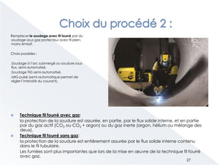 Remplacer le soudage avec fil fourré par du
soudage sous gaz protecteur avec fil plein,
moins émissif.
Choix possibles :
.Soudage à l’arc submergé ou soudure sous
flux, semi-automatisé,
.Soudage TIG semi-automatisé,
.MIG pulsé (semi-automatique permet de
régler l’intensité du courant).
 Technique fil fourré avec gaz:
la protection de la soudure est assurée, en partie, par le flux solide interne, et en partie
par du gaz actif (CO2 ou CO2 + argon) ou du gaz inerte (argon, hélium ou mélange des
deux).
 Technique fil fourré sans gaz:
la protection de la soudure est entièrement assurée par le flux solide interne contenu
dans le fil tubulaire.
Les fumées sont plus importantes que lors de la mise en œuvre de la technique fil fourré
avec gaz.
27
 