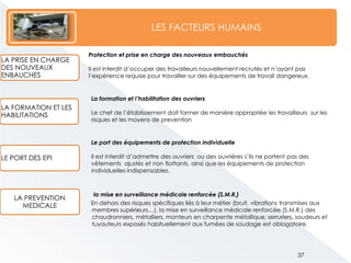 LES FACTEURS HUMAINS
LA PRISE EN CHARGE
DES NOUVEAUX
ENBAUCHES
LA FORMATION ET LES
HABILITATIONS
LE PORT DES EPI
LA PREVENTION
MEDICALE
37
Protection et prise en charge des nouveaux embauchés
Il est interdit d’occuper des travailleurs nouvellement recrutés et n’ayant pas
l’expérience requise pour travailler sur des équipements de travail dangereux.
La formation et l’habilitation des ouvriers
Le chef de l’établissement doit former de manière appropriée les travailleurs sur les
risques et les moyens de prevention
Le port des équipements de protection individuelle
Il est interdit d’admettre des ouvriers ou des ouvrières s’ils ne portent pas des
vêtements ajustés et non flottants, ainsi que les équipements de protection
individuelles indispensables.
la mise en surveillance médicale renforcée (S.M.R.)
En dehors des risques spécifiques liés à leur métier (bruit, vibrations transmises aux
membres supérieurs…), la mise en surveillance médicale renforcée (S.M.R.) des
chaudronniers, métalliers, monteurs en charpente métallique, serruriers, soudeurs et
tuyauteurs exposés habituellement aux fumées de soudage est oblogatoire.
 
