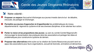 Cercle des Jeunes Dirigeants Rhônalpins
Notre volonté :
Proposer un espace d'accueil et d'échanges aux jeunes investis dans le but de débattre,
d’écouter, de partager et d’échanger.
Permettre aux jeunes d’approcher et d’appréhender les problématiques de niveau
départemental et régional du cyclisme et de ses diverses disciplines, et de valoriser leur action.
Porter la vision et les propositions des jeunes au sein du comité Comité Régional afin
d'encourager la dynamisation des pratiques dans les associations et partager les idées et
problématiques pour construire le cyclisme de demain.
Proposer des alternatives entre autre sur la création de Centre Ressources pouvant venir en
appui des associations pour leurs organisations, accueil de licenciés, animations et démarches .
 