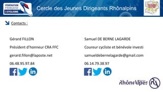 Cercle des Jeunes Dirigeants Rhônalpins
Gérard FILLON
Président d’honneur CRA FFC
gerard.fillon@laposte.net
06.48.95.97.84
Samuel DE BERNE LAGARDE
Coureur cycliste et bénévole investi
samueldebernelagarde@gmail.com
06.14.79.38.97
Contacts :
 